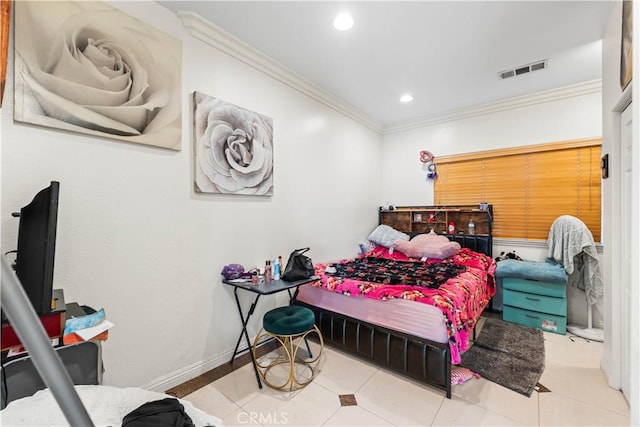 tiled bedroom with ornamental molding