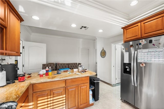 kitchen featuring kitchen peninsula, light tile patterned flooring, light stone countertops, stainless steel fridge with ice dispenser, and ornamental molding