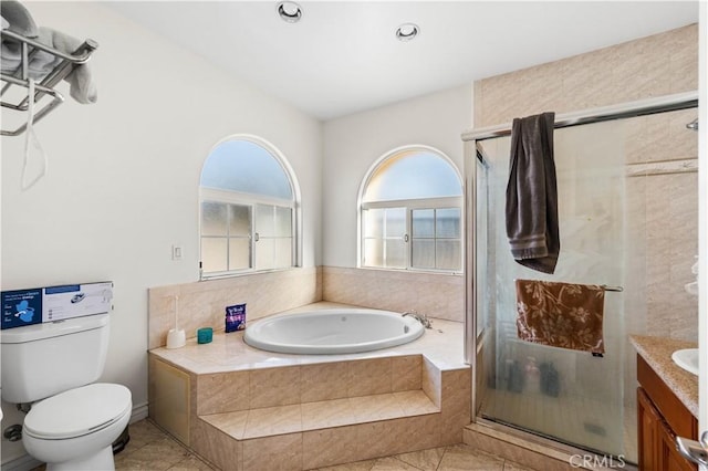 full bathroom with toilet, independent shower and bath, tile patterned flooring, and vanity