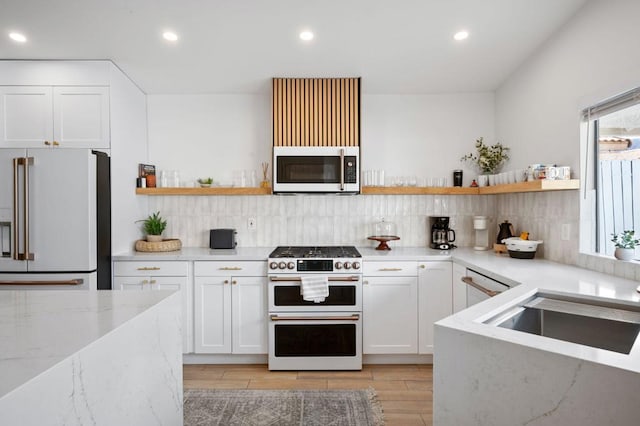 kitchen featuring light stone countertops, sink, high end appliances, and white cabinetry