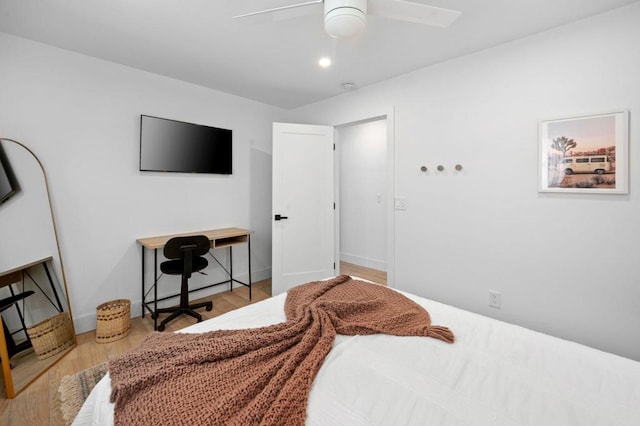 bedroom featuring ceiling fan and light hardwood / wood-style floors