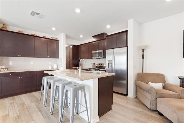 kitchen featuring sink, light wood-type flooring, an island with sink, a breakfast bar area, and stainless steel appliances