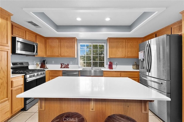 kitchen featuring a center island, sink, a breakfast bar area, a tray ceiling, and stainless steel appliances