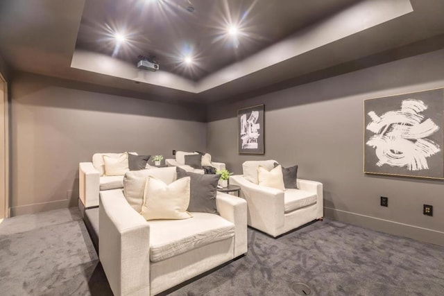 carpeted home theater room featuring a tray ceiling