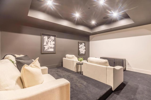 carpeted home theater featuring a tray ceiling