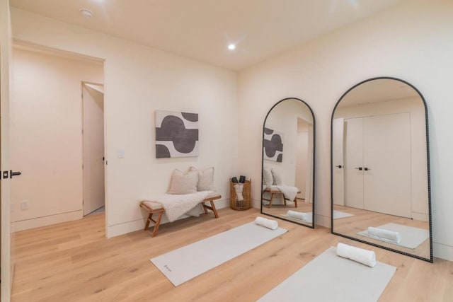 workout room featuring light hardwood / wood-style flooring