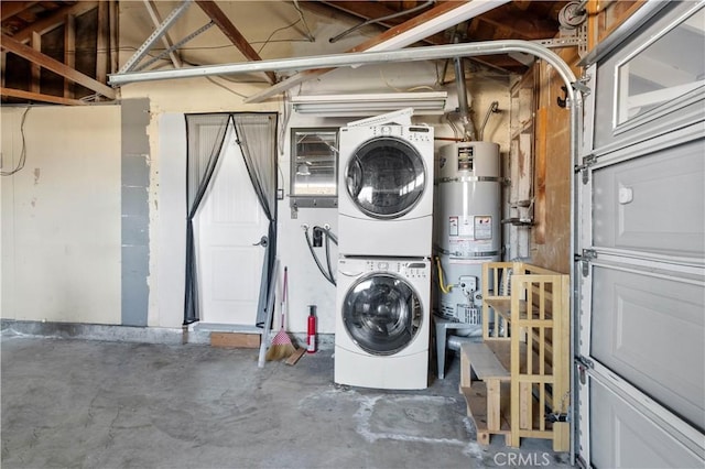 laundry room featuring secured water heater and stacked washer and clothes dryer