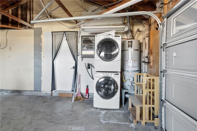 laundry room featuring strapped water heater, stacked washer and clothes dryer, and laundry area