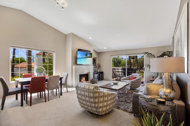 living room featuring light colored carpet and vaulted ceiling