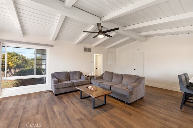 living room featuring ceiling fan, lofted ceiling with beams, and dark hardwood / wood-style floors