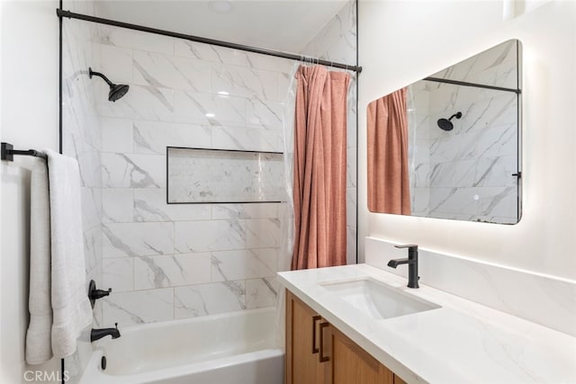 bathroom featuring shower / tub combo with curtain and vanity