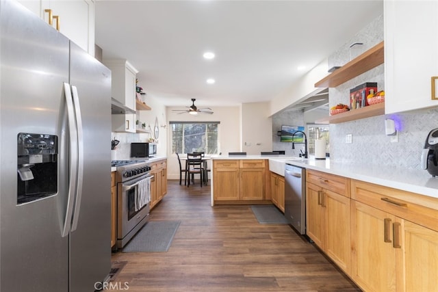 kitchen with ceiling fan, stainless steel appliances, dark hardwood / wood-style floors, kitchen peninsula, and decorative backsplash