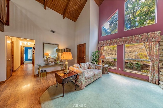 living room featuring beamed ceiling, hardwood / wood-style flooring, high vaulted ceiling, and wood ceiling