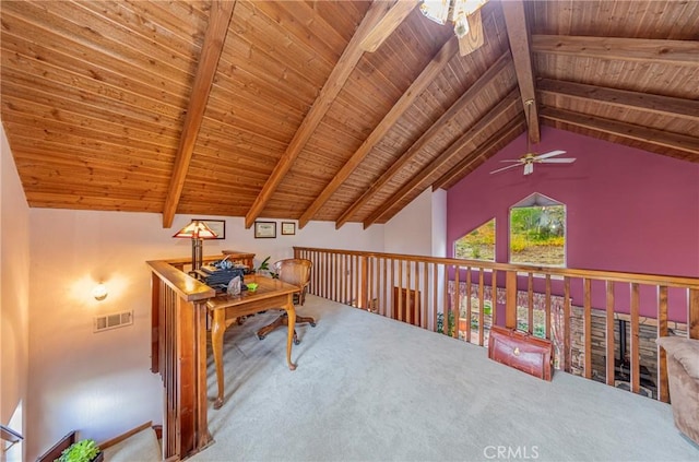 bonus room with ceiling fan, carpet floors, lofted ceiling with beams, and wooden ceiling