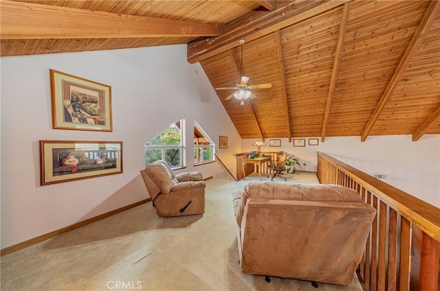 carpeted living room featuring vaulted ceiling with beams, ceiling fan, and wood ceiling