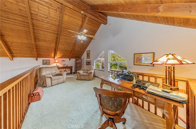 office space with wooden ceiling, high vaulted ceiling, ceiling fan, beamed ceiling, and carpet floors