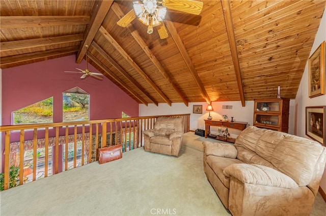 carpeted living room with lofted ceiling with beams, ceiling fan, and wood ceiling