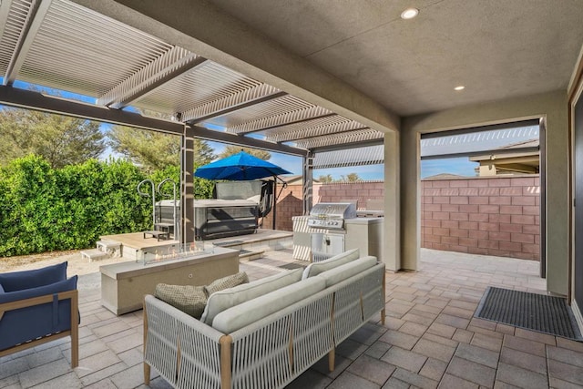 view of patio featuring an outdoor living space, a pergola, and a grill