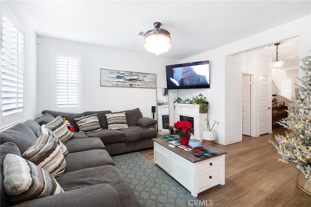 living room featuring light hardwood / wood-style floors, a healthy amount of sunlight, and a chandelier