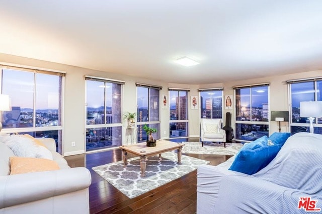 living room with dark hardwood / wood-style floors