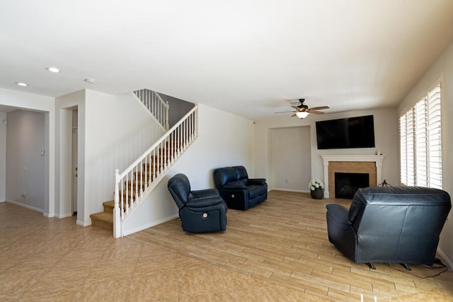 living room featuring ceiling fan