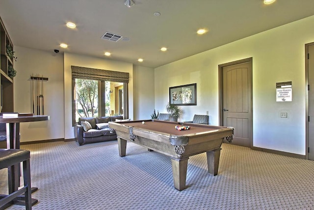 recreation room with carpet and pool table