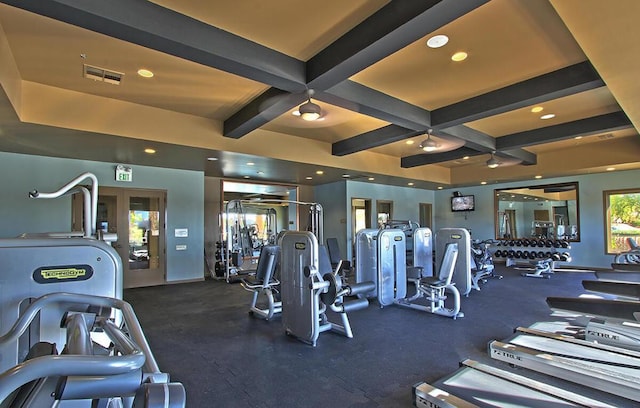 gym featuring coffered ceiling