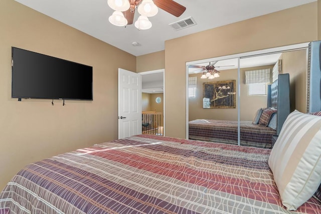 bedroom featuring ceiling fan and a closet