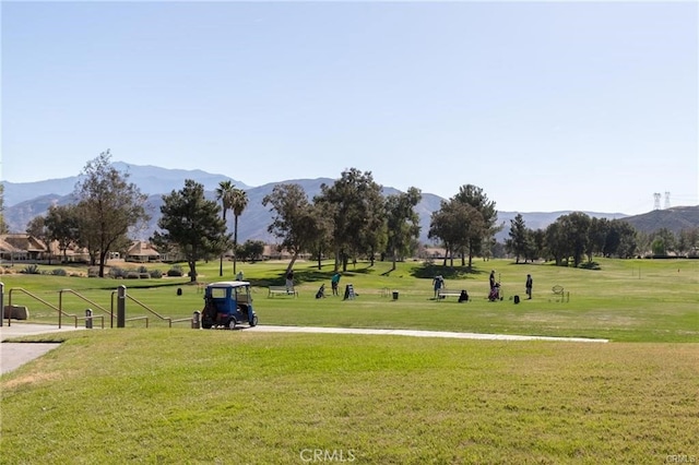 view of property's community with a mountain view and a yard