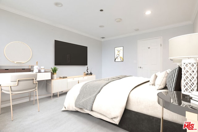 carpeted bedroom featuring ornamental molding