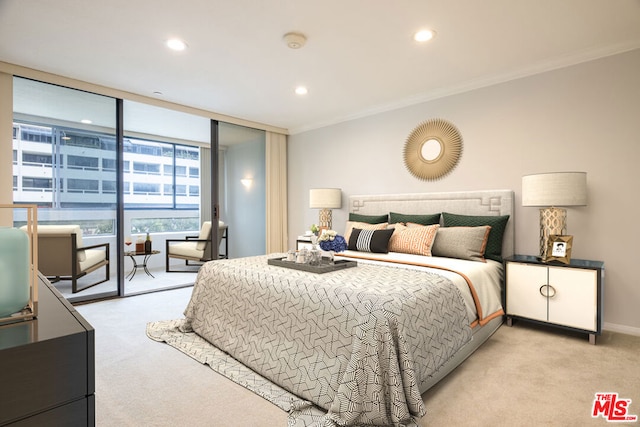 carpeted bedroom featuring floor to ceiling windows and crown molding