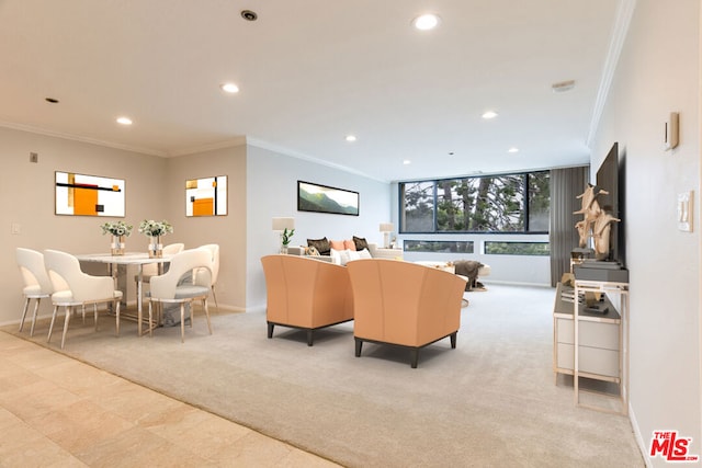 carpeted living room with crown molding