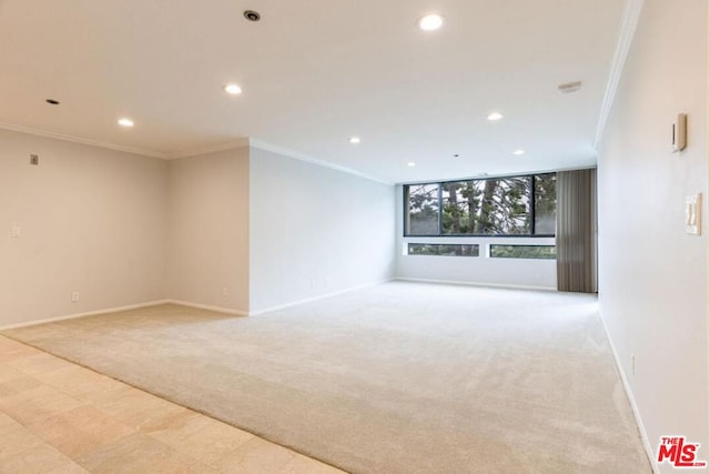 unfurnished living room featuring crown molding and light carpet