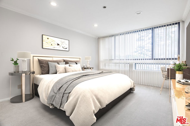 bedroom featuring carpet flooring and ornamental molding