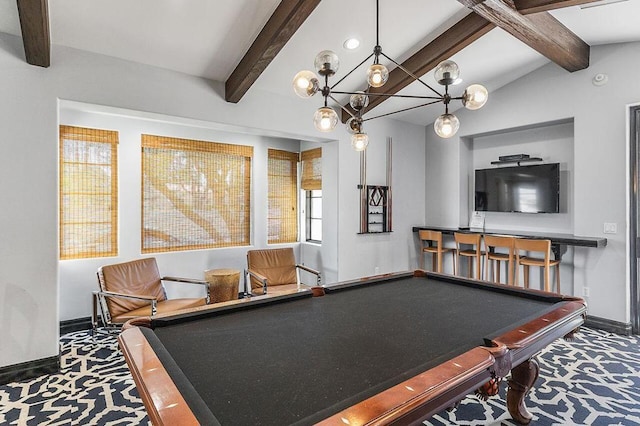 game room featuring lofted ceiling with beams, carpet floors, and pool table