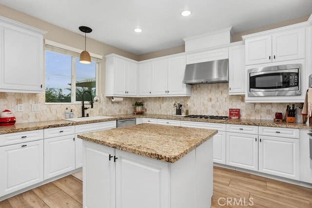 kitchen with white cabinetry, sink, exhaust hood, and appliances with stainless steel finishes