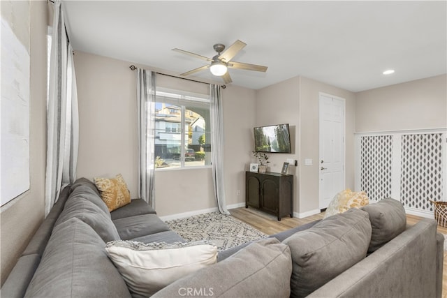 living room with light hardwood / wood-style floors and ceiling fan