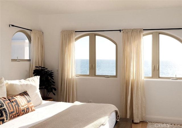 bedroom with wood-type flooring, a water view, and multiple windows