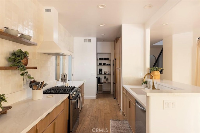 kitchen with sink, tasteful backsplash, light hardwood / wood-style floors, exhaust hood, and appliances with stainless steel finishes