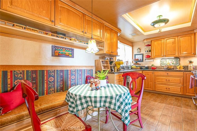 kitchen with a raised ceiling, light hardwood / wood-style flooring, pendant lighting, and sink