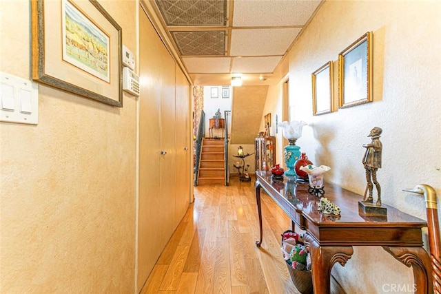 hall featuring a paneled ceiling and light wood-type flooring