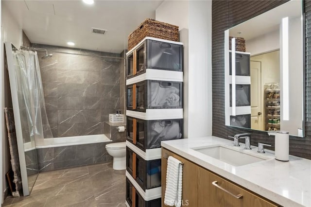 full bathroom with vanity, toilet, and shower / bathtub combination with curtain