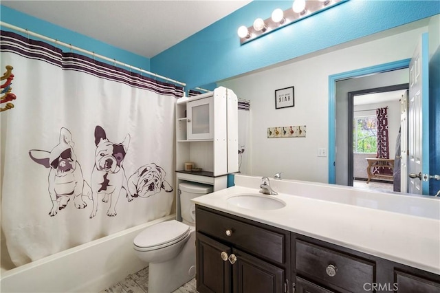 full bathroom with tile patterned floors, vanity, shower / bath combination with curtain, and toilet