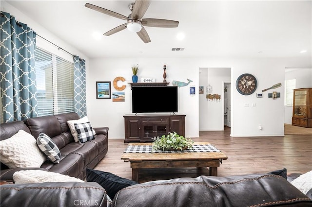 living room featuring ceiling fan and light hardwood / wood-style floors