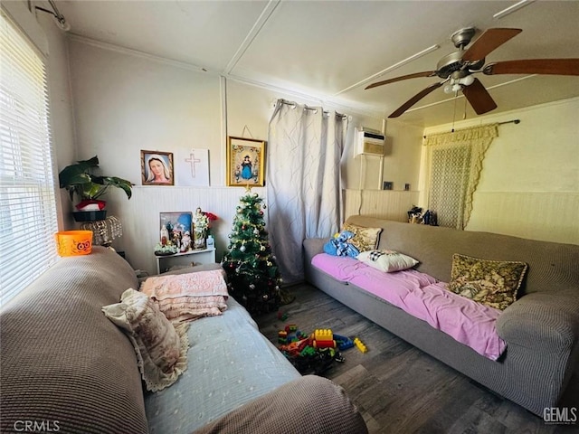 7805 Panama Rd, Lamont, CA 93241 - bedroom with a wall mounted AC, ceiling fan, hardwood / wood-style floors, and crown molding