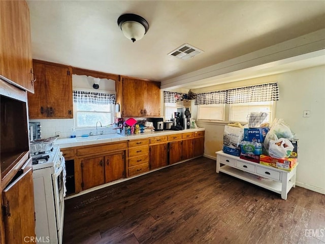 7805 Panama Rd, Lamont, CA 93241 - kitchen featuring electric range, tasteful backsplash, dark wood-type flooring, and sink