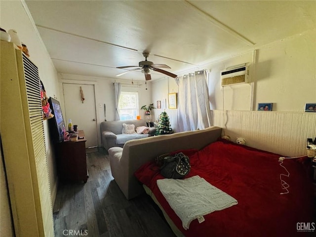 7805 Panama Rd, Lamont, CA 93241 - bedroom with a wall unit AC, ceiling fan, dark hardwood / wood-style flooring, and crown molding
