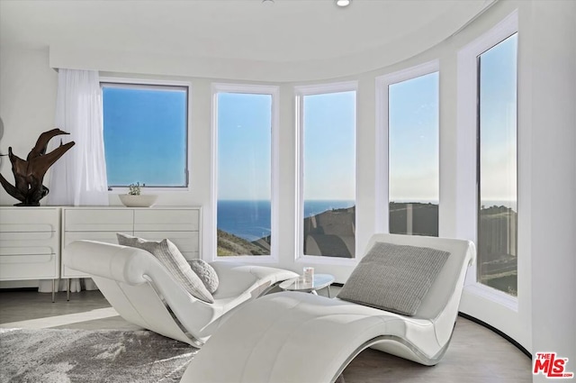 bedroom with a water view, light wood-type flooring, and multiple windows