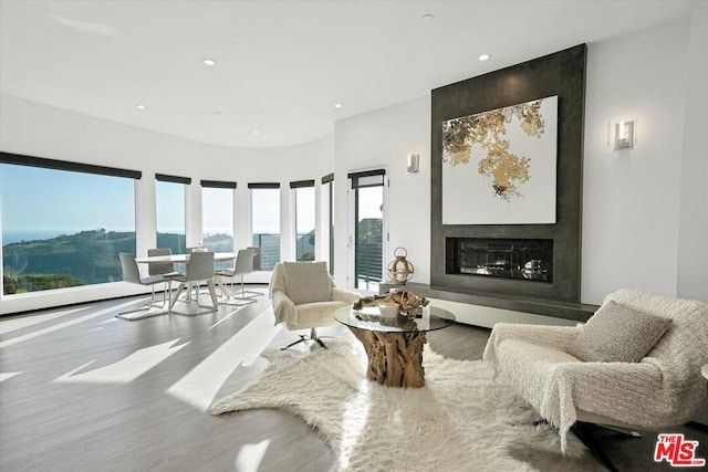 sitting room with a fireplace and wood-type flooring