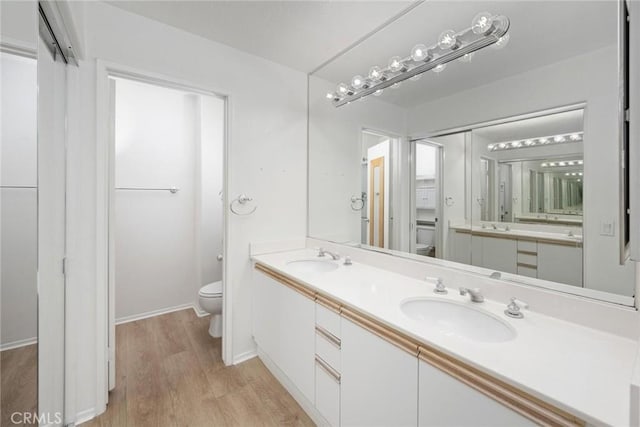 bathroom with vanity, toilet, and wood-type flooring